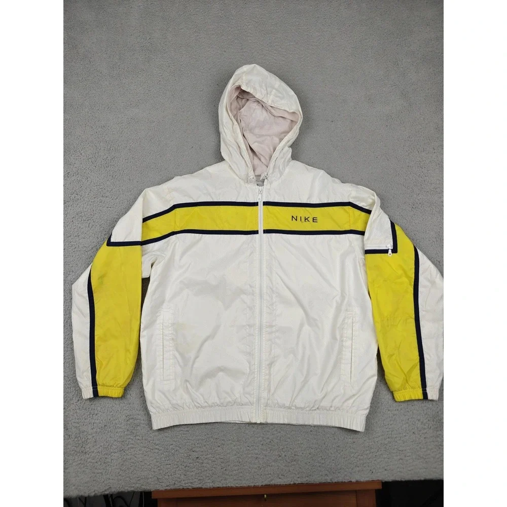 Vintage Nike Windbreaker Jacket Youth Large 12-14 White Yellow Hooded Zip